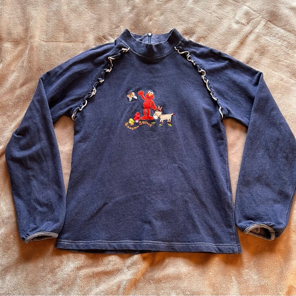 SESAME STREET Navy Blue Denim Elmo Ruffle Long Sleeve Mock Neck Top - Size 12